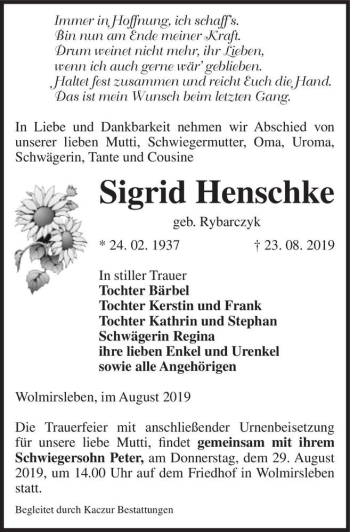 Traueranzeige von Sigrid Henschke (geb. Rybarczyk)  von Magdeburger Volksstimme