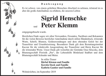 Traueranzeige von Sigrid Henschke und Peter Klemm  von Magdeburger Volksstimme