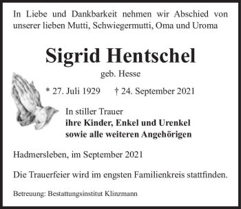 Traueranzeige von Sigrid Hentschel (geb. Hesse)  von Magdeburger Volksstimme