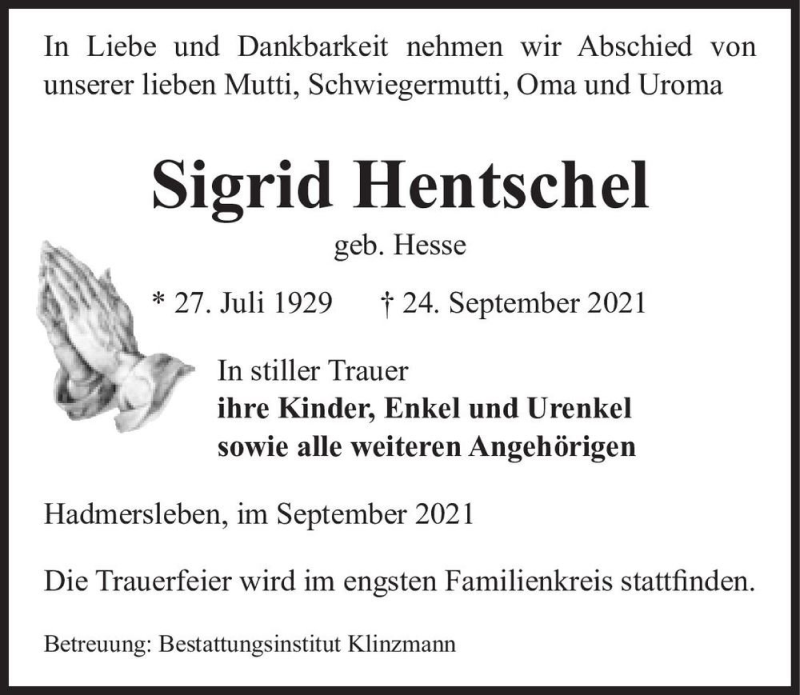  Traueranzeige für Sigrid Hentschel (geb. Hesse)  vom 28.09.2021 aus Magdeburger Volksstimme