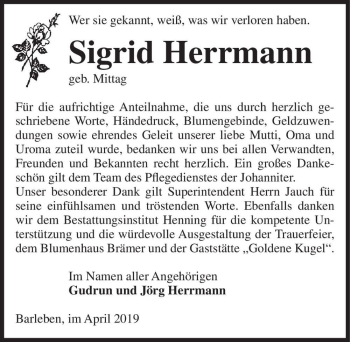 Traueranzeige von Sigrid Herrmann  von Magdeburger Volksstimme