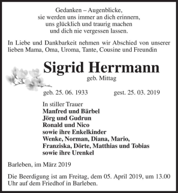Traueranzeige von Sigrid Herrmann (geb. Mittag)  von Magdeburger Volksstimme