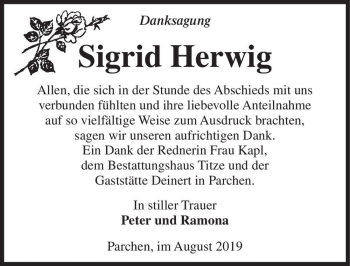 Traueranzeige von Sigrid Herwig  von Magdeburger Volksstimme