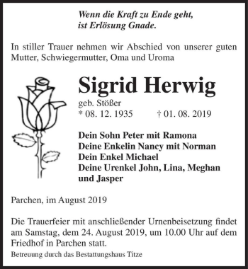 Traueranzeige von Sigrid Herwig (geb. Stößer)  von Magdeburger Volksstimme