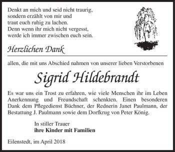 Traueranzeige von Sigrid Hildebrandt  von Magdeburger Volksstimme
