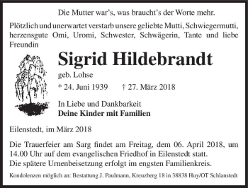 Traueranzeige von Sigrid Hildebrandt (geb. Lohse)  von Magdeburger Volksstimme