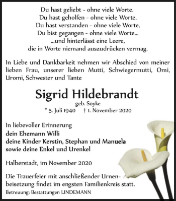 Traueranzeige von Sigrid Hildebrandt (geb. Soyke)  von Magdeburger Volksstimme