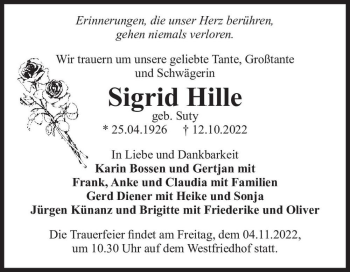 Traueranzeige von Sigrid Hille (geb. Suty)  von Magdeburger Volksstimme