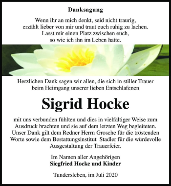 Traueranzeige von Sigrid Hocke  von Magdeburger Volksstimme