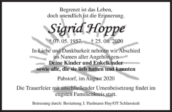 Traueranzeige von Sigrid Hoppe  von Magdeburger Volksstimme