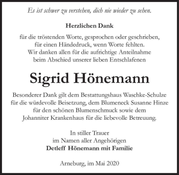 Traueranzeige von Sigrid Hönemann  von Magdeburger Volksstimme