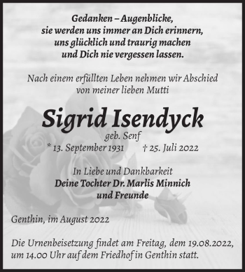 Traueranzeige von Sigrid Isendyck (geb. Senf)  von Magdeburger Volksstimme