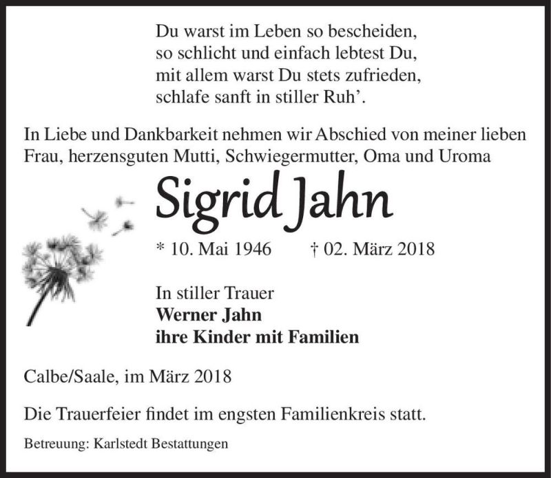  Traueranzeige für Sigrid Jahn  vom 10.03.2018 aus Magdeburger Volksstimme