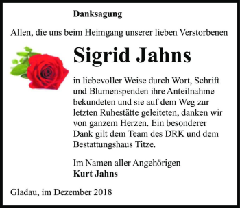 Traueranzeige von Sigrid Jahns  von Magdeburger Volksstimme