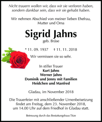 Traueranzeige von Sigrid Jahns (geb. Bräse)  von Magdeburger Volksstimme