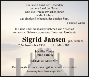 Traueranzeige von Sigrid Jansen (geb. Schulze)  von Magdeburger Volksstimme