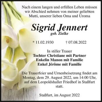 Traueranzeige von Sigrid Jennert (geb. Zielke)  von Magdeburger Volksstimme