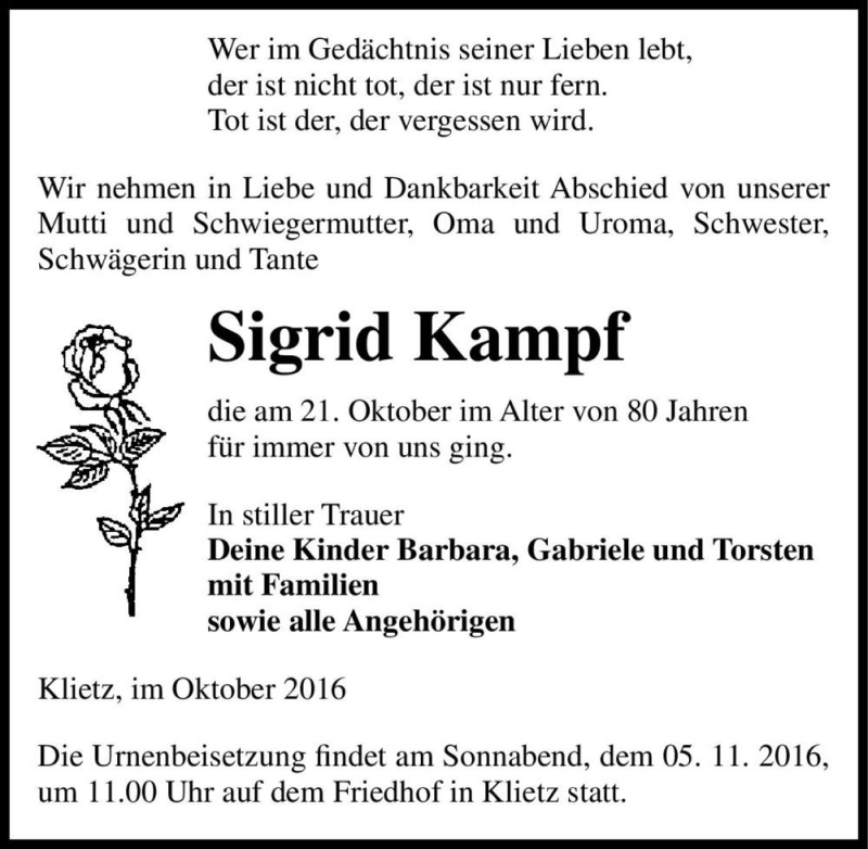  Traueranzeige für Sigrid Kampf  vom 01.11.2016 aus Magdeburger Volksstimme