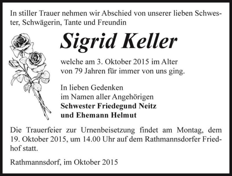  Traueranzeige für Sigrid Keller  vom 10.10.2015 aus Magdeburger Volksstimme