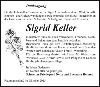 Traueranzeige von Sigrid Keller  von Magdeburger Volksstimme