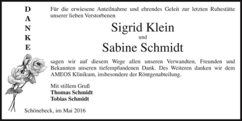 Traueranzeige von Sigrid Klein und Sabine Schmidt  von Magdeburger Volksstimme