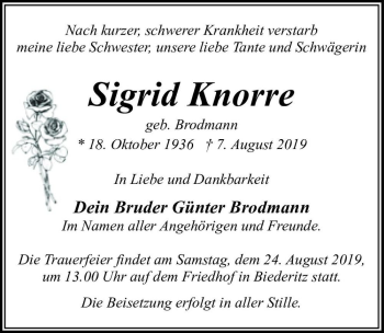 Traueranzeige von Sigrid Knorre (geb. Brodmann)  von Magdeburger Volksstimme