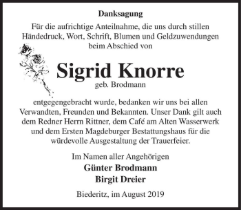 Traueranzeige von Sigrid Knorre (geb. Brodmann)  von Magdeburger Volksstimme
