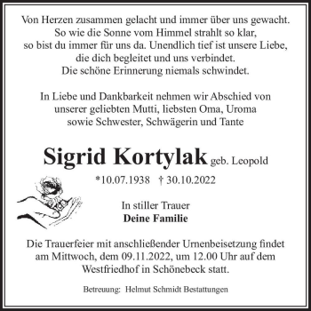 Traueranzeige von Sigrid Kortylak (geb. Leopold)  von Magdeburger Volksstimme