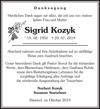 Traueranzeige von Sigrid Kozyk  von Magdeburger Volksstimme