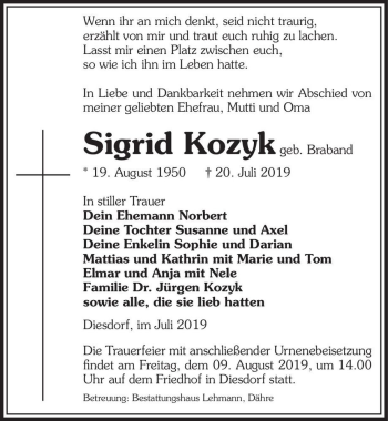 Traueranzeige von Sigrid Kozyk (geb. Braband)  von Magdeburger Volksstimme