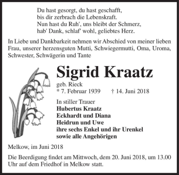 Traueranzeige von Sigrid Kraatz (geb. Rieck)  von Magdeburger Volksstimme