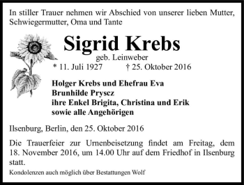 Traueranzeige von Sigrid Krebs (geb. Leinweber)  von Magdeburger Volksstimme