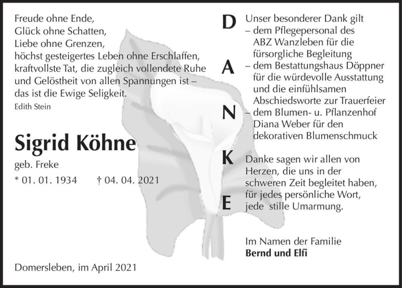  Traueranzeige für Sigrid Köhne (geb. Freke)  vom 24.04.2021 aus Magdeburger Volksstimme