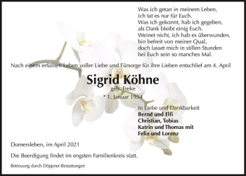 Traueranzeige von Sigrid Köhne (geb. Freke)  von Magdeburger Volksstimme