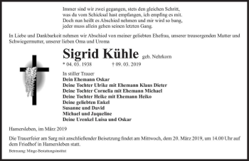 Traueranzeige von Sigrid Kühle (geb. Nehrkorn)  von Magdeburger Volksstimme