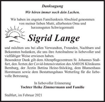 Traueranzeige von Sigrid Lange  von Magdeburger Volksstimme