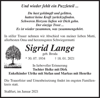 Traueranzeige von Sigrid Lange (geb. Broda)  von Magdeburger Volksstimme