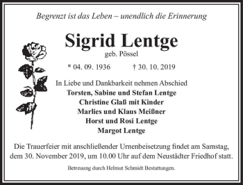 Traueranzeige von Sigrid Lentge (geb. Pössel)  von Magdeburger Volksstimme