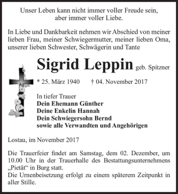 Traueranzeige von Sigrid Leppin (geb. Spitzner)  von Magdeburger Volksstimme
