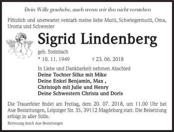 Traueranzeige von Sigrid Lindenberg (geb. Steinbach)  von Magdeburger Volksstimme