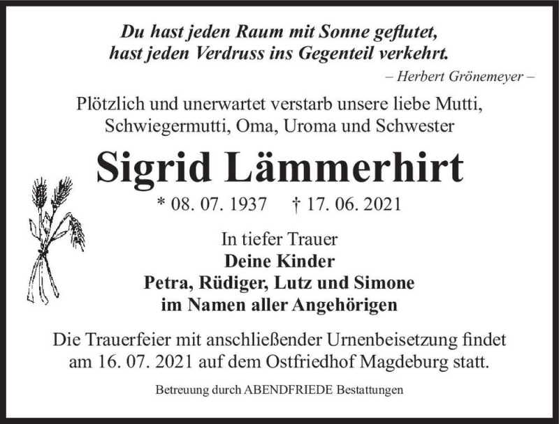  Traueranzeige für Sigrid Lämmerhirt  vom 03.07.2021 aus Magdeburger Volksstimme