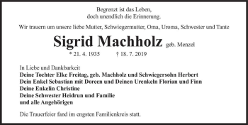 Traueranzeige von Sigrid Machholz (geb. Menzel)  von Magdeburger Volksstimme