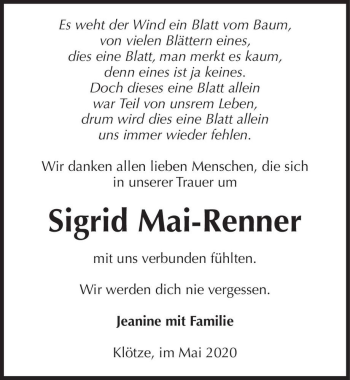 Traueranzeige von Sigrid Mai-Renner  von Magdeburger Volksstimme