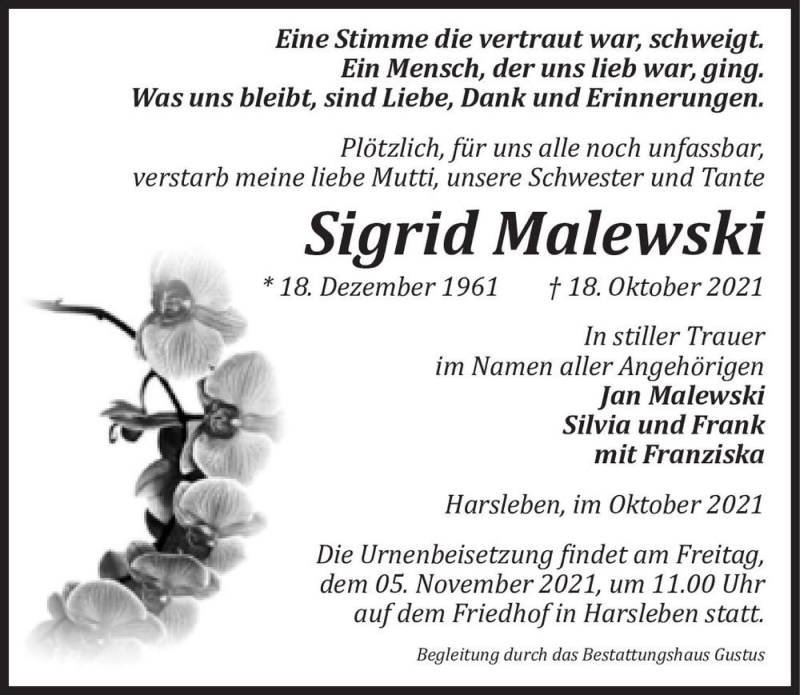  Traueranzeige für Sigrid Malewski  vom 23.10.2021 aus Magdeburger Volksstimme