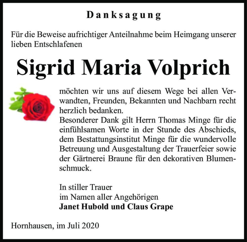  Traueranzeige für Sigrid Maria Volprich  vom 11.07.2020 aus Magdeburger Volksstimme