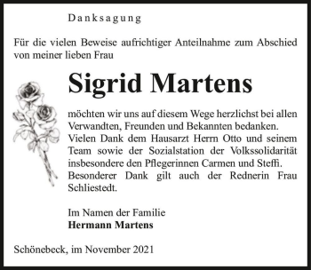 Traueranzeige von Sigrid Martens  von Magdeburger Volksstimme