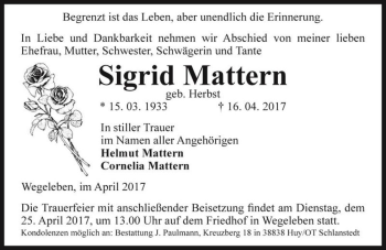 Traueranzeige von Sigrid Mattern (geb. Herbst)  von Magdeburger Volksstimme