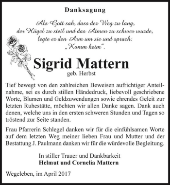 Traueranzeige von Sigrid Mattern (geb. Herbst)  von Magdeburger Volksstimme