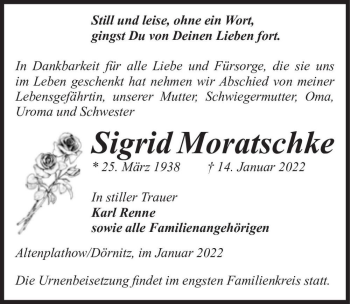 Traueranzeige von Sigrid Moratschke  von Magdeburger Volksstimme