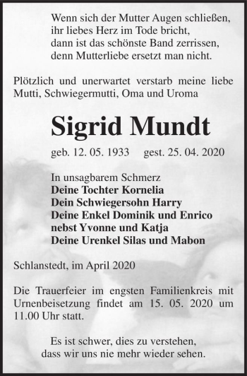 Traueranzeige von Sigrid Mundt  von Magdeburger Volksstimme